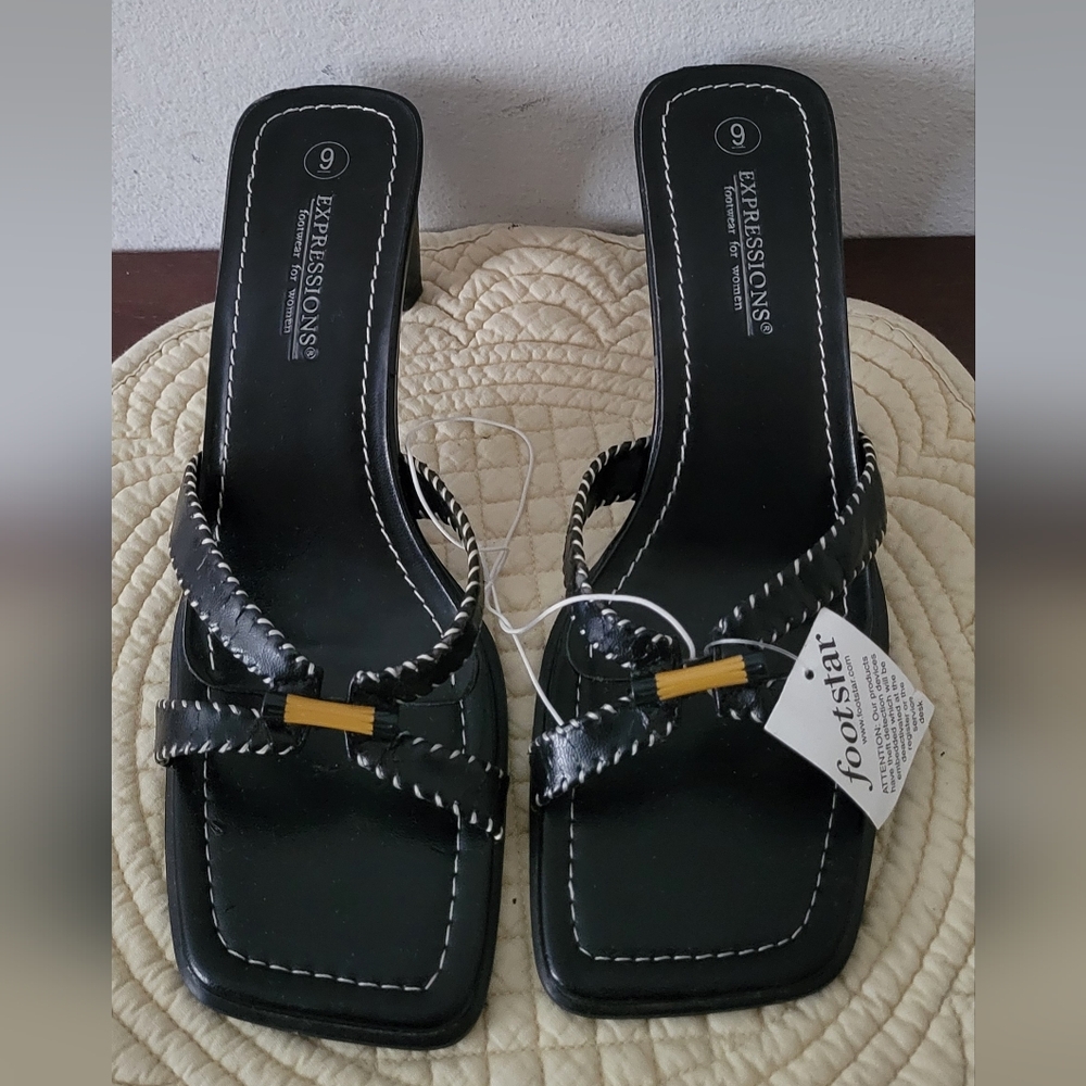 Expressions Black Women's Slip-On Mules with Contrast Stitching Size 9